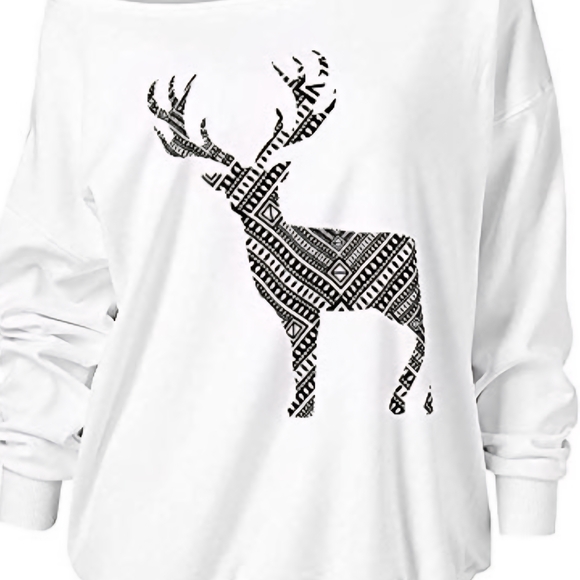 Tops - White Graphic Deer Print Women's Top